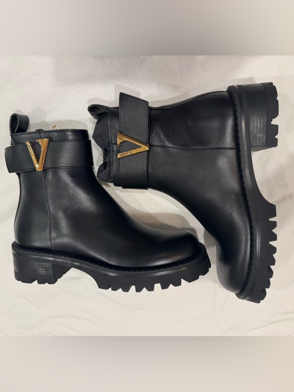 Versace Black Leather Lug-Sole Ankle Boots with Gold V Accent New